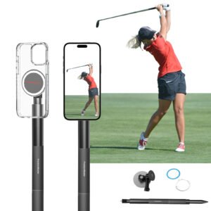 Golfer using a golf monopod stick to record their swing on the driving range