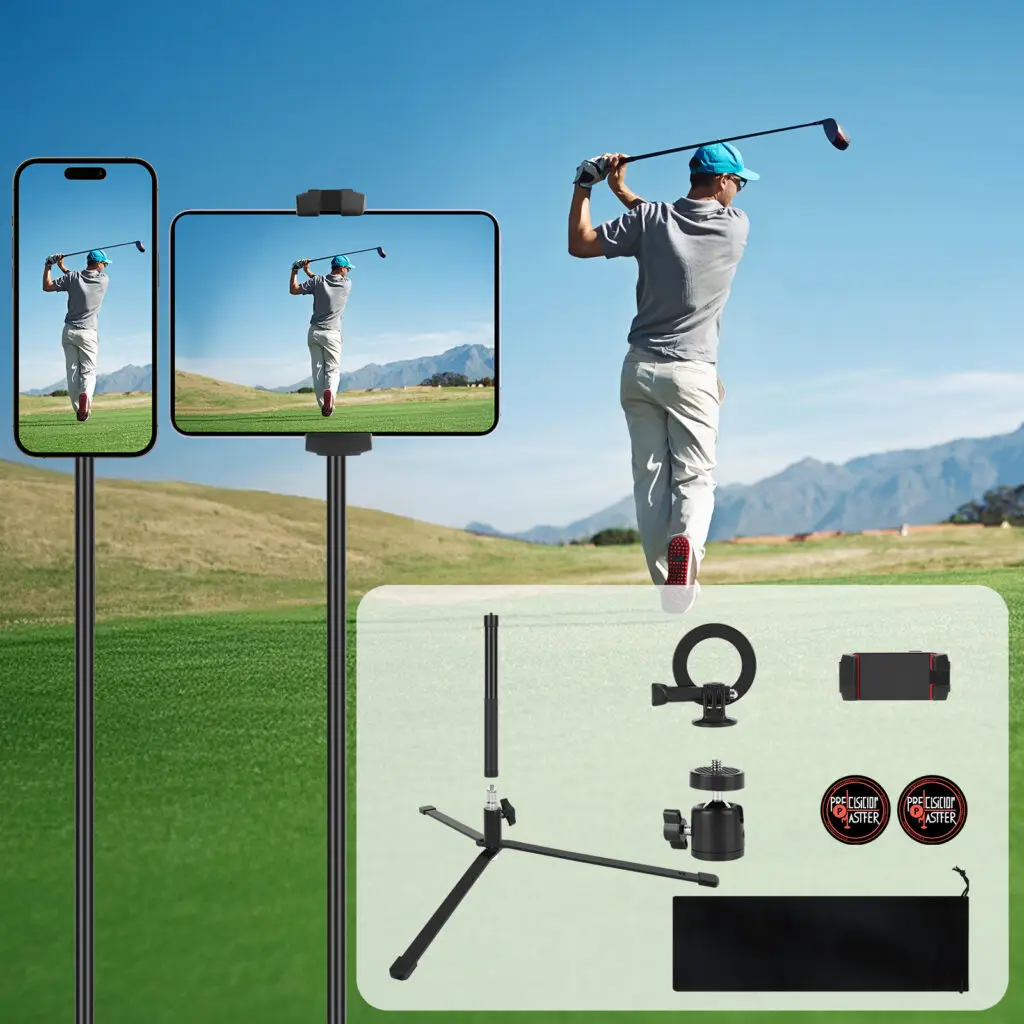 Golfer using a golf tripod to record their swing on the driving range with their phones or ipads